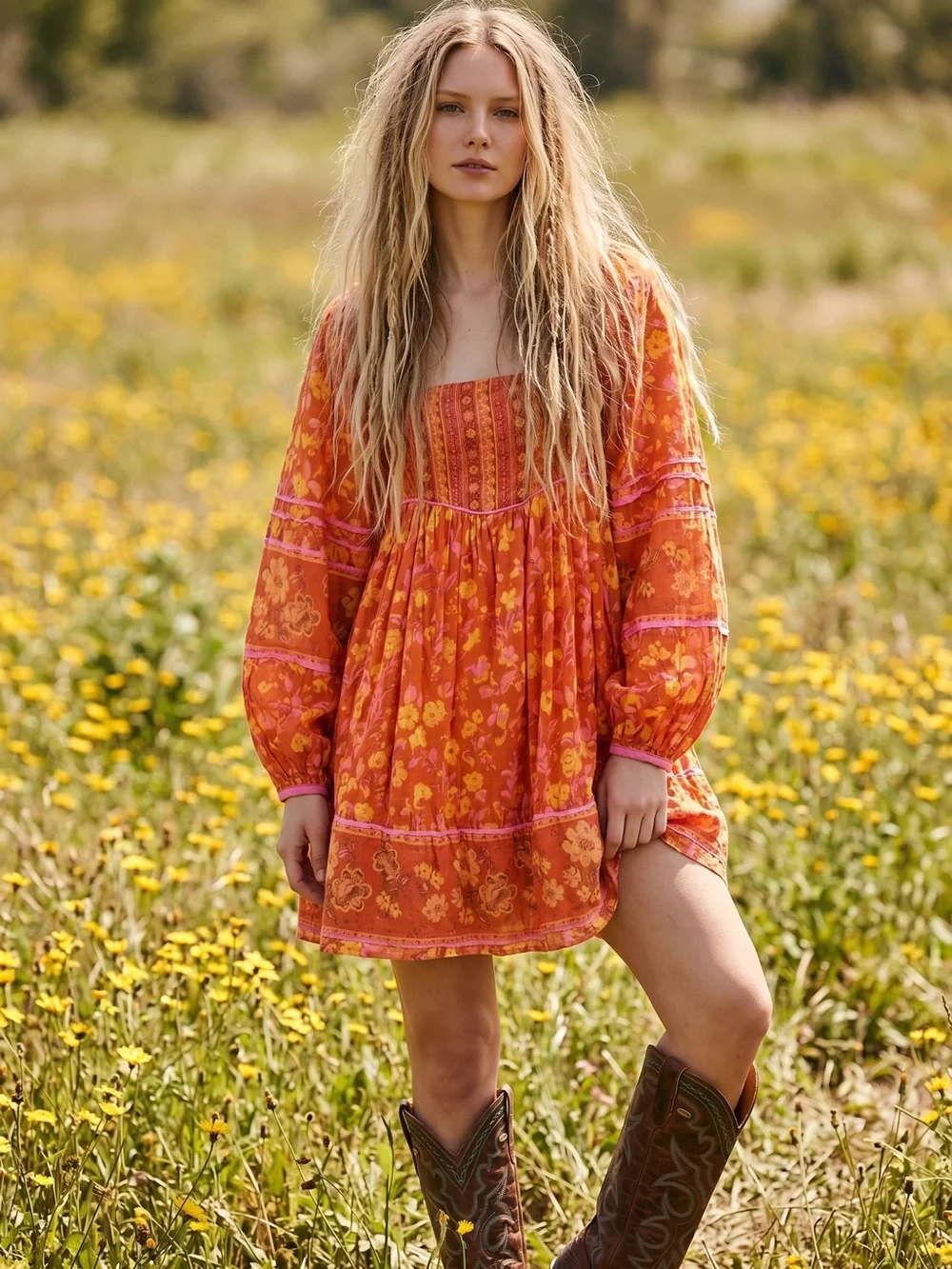 Free People Bohemian Retro 70s Flower Child Endless Afternoon Mini Dress XS